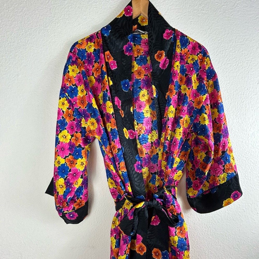 Dior Floral Velvet Robe in Black with Pink, Yellow & Blue Flowers